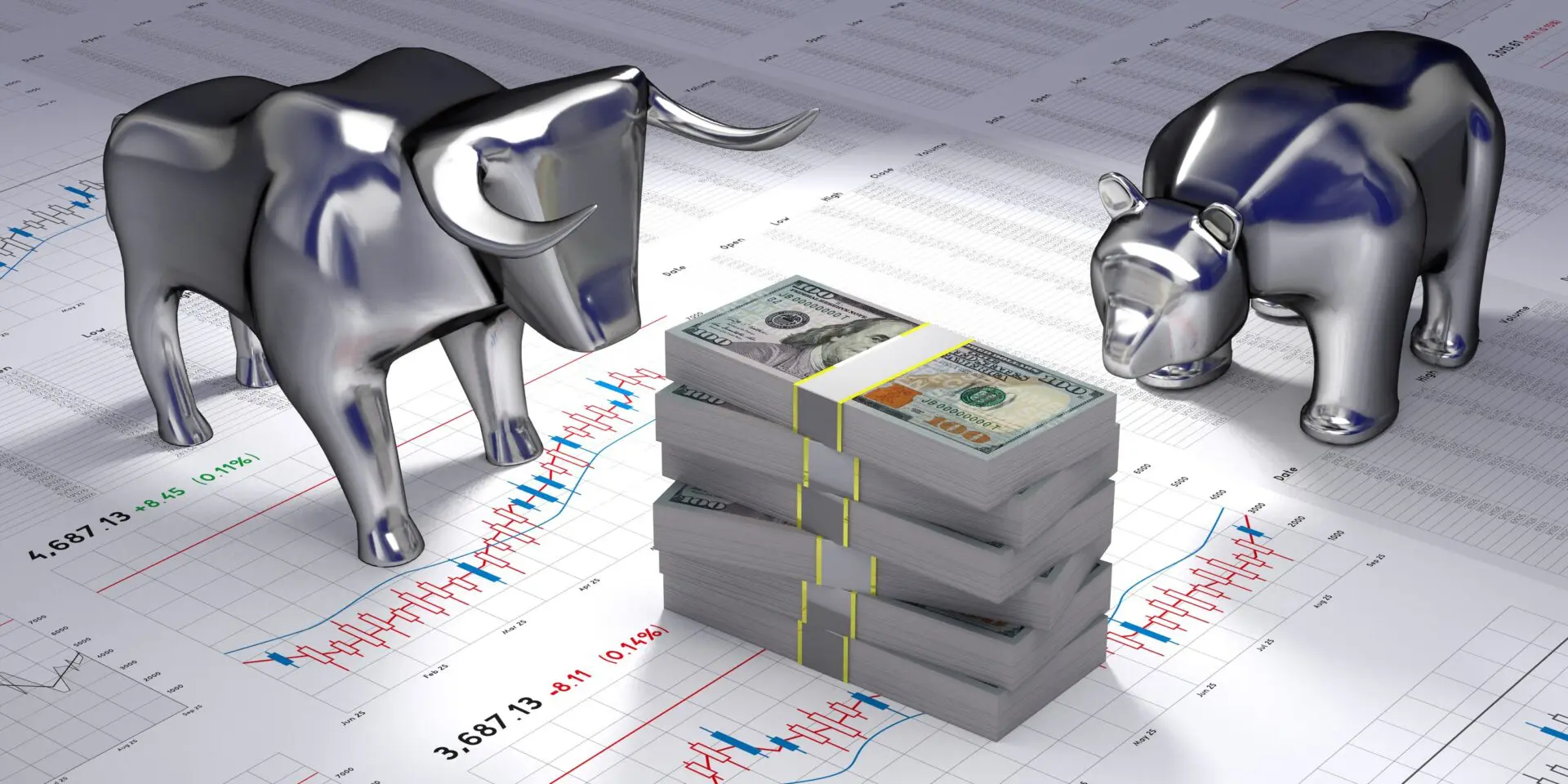 A bull and bear standing next to stacks of money.
