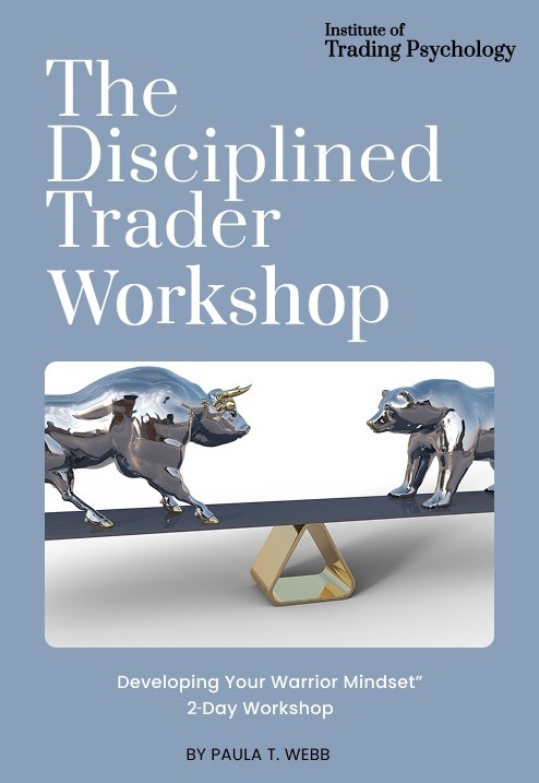 Workshop poster titled 'The Disciplined Trader Workshop' featuring silver bull and bear statues on a balance symbol. Calm, focused tone.