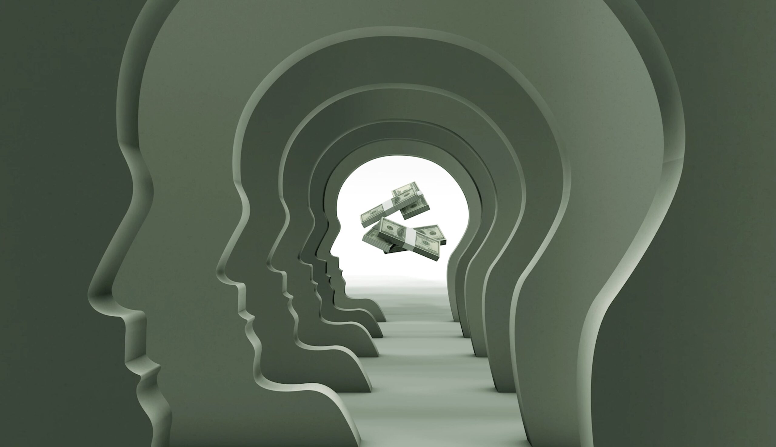 Silhouette profiles form a tunnel, leading to floating dollar bills at the center. The green tones convey a theme of money and introspection.